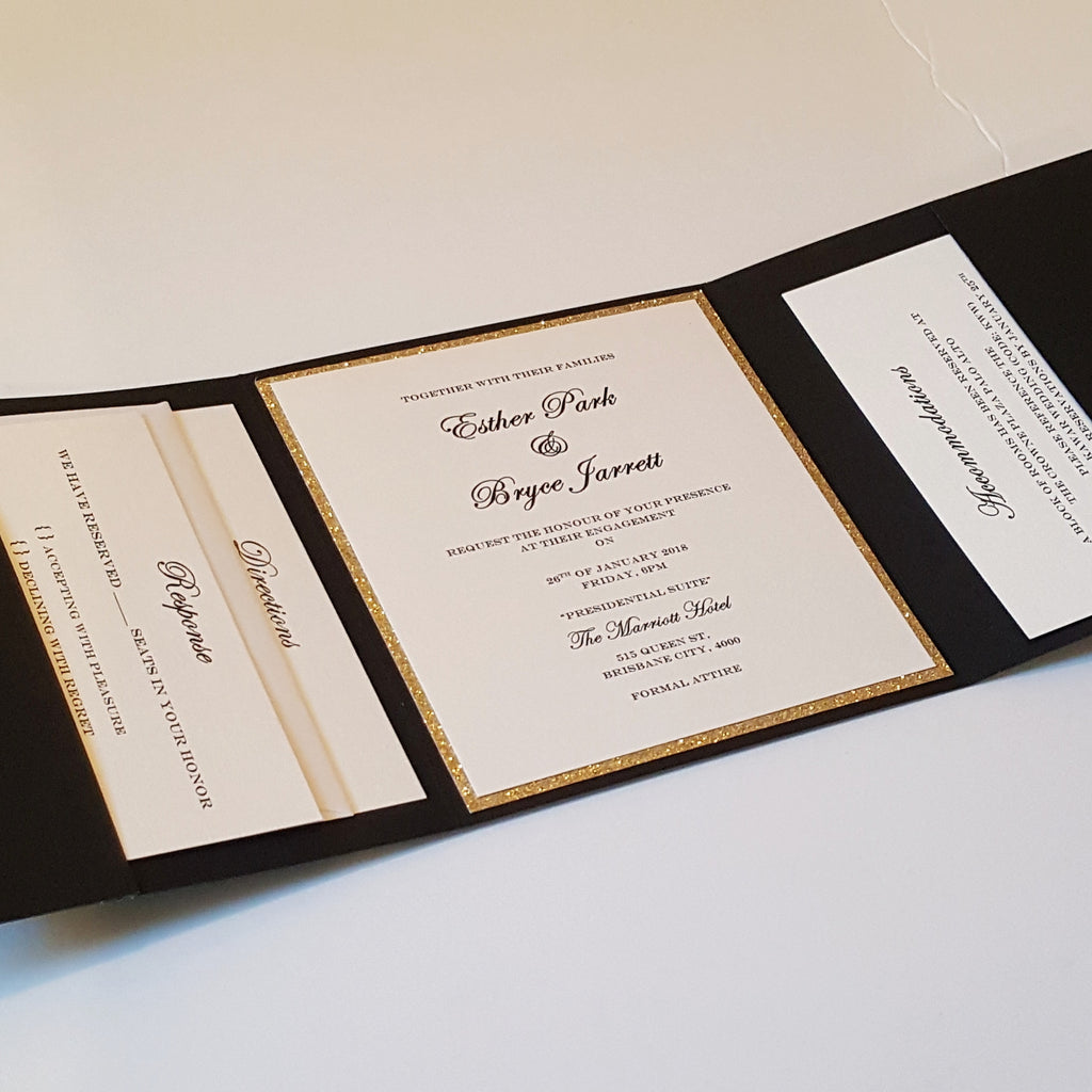 A complete Pocketfold Trifold Wedding Invitation Suite that comes with any three enclosures 