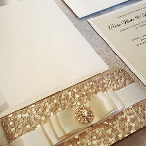 Stunning Pebbles Gold and Ivory Wedding Invitation. Champagne Wedding Card. Bilingual