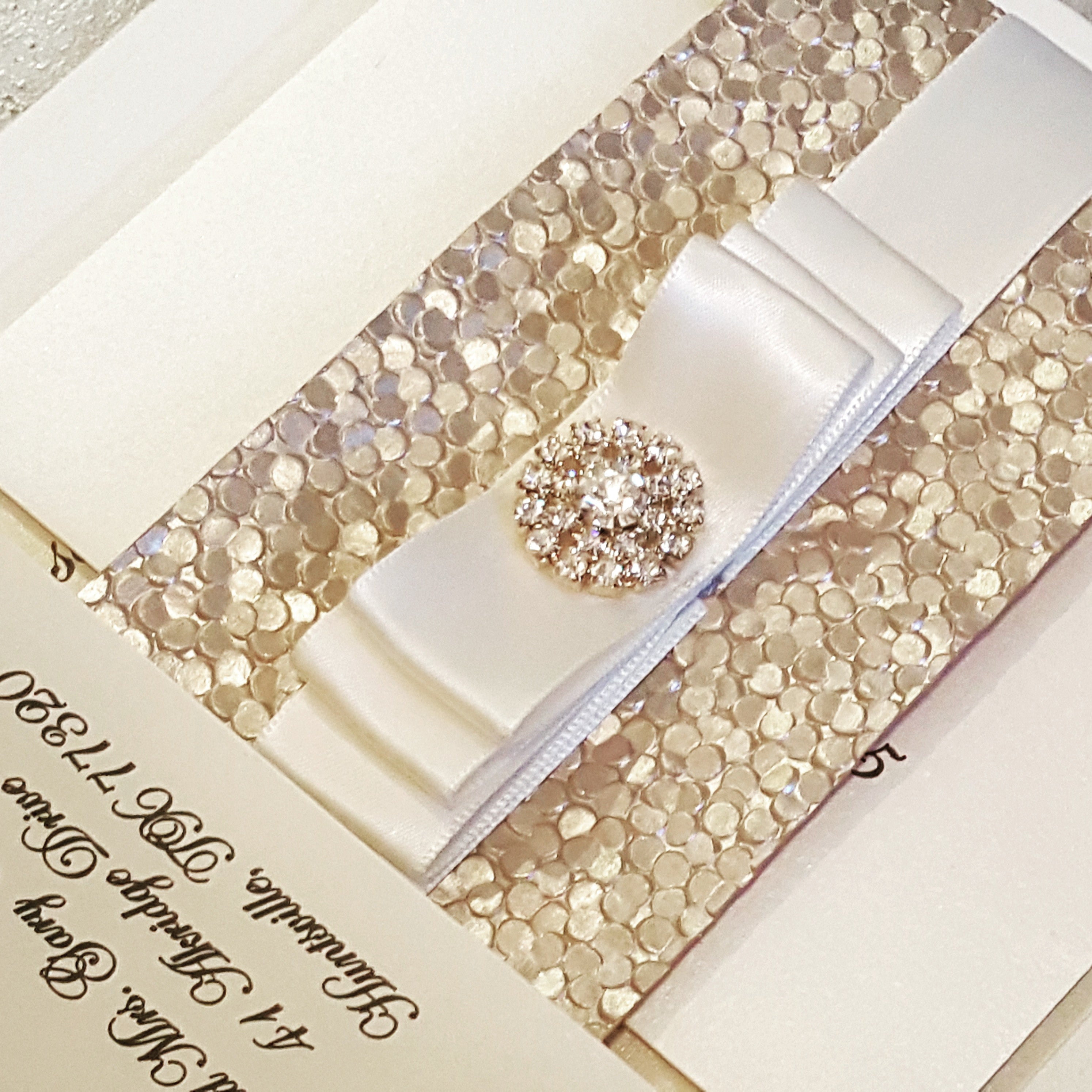 Stunning Pebbles Gold and Ivory Wedding Invitation. Champagne Wedding Card. Bilingual