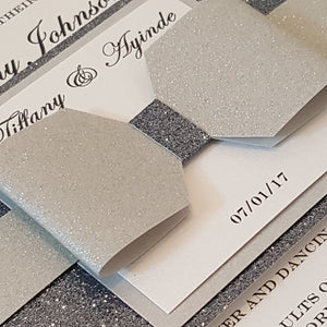 Silver l Gray Glamorous Bow Wedding Invitation. Lovely Monogram. Stunning Sparkling invite, Bilingual