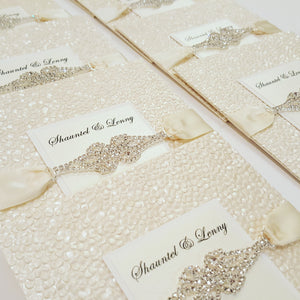 Luxury Ivory  Pebbles Wedding Invitation with  Rhinestone Connector