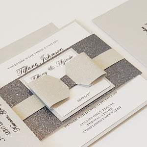 Silver l Gray Glamorous Bow Wedding Invitation. Lovely Monogram. Stunning Sparkling invite, Bilingual
