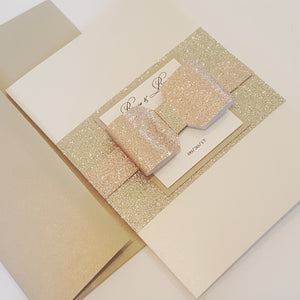 Elegant Shimmery Rose Gold Tri-fold Wedding Invitation. Includes Printed envelopes and 2 inserts