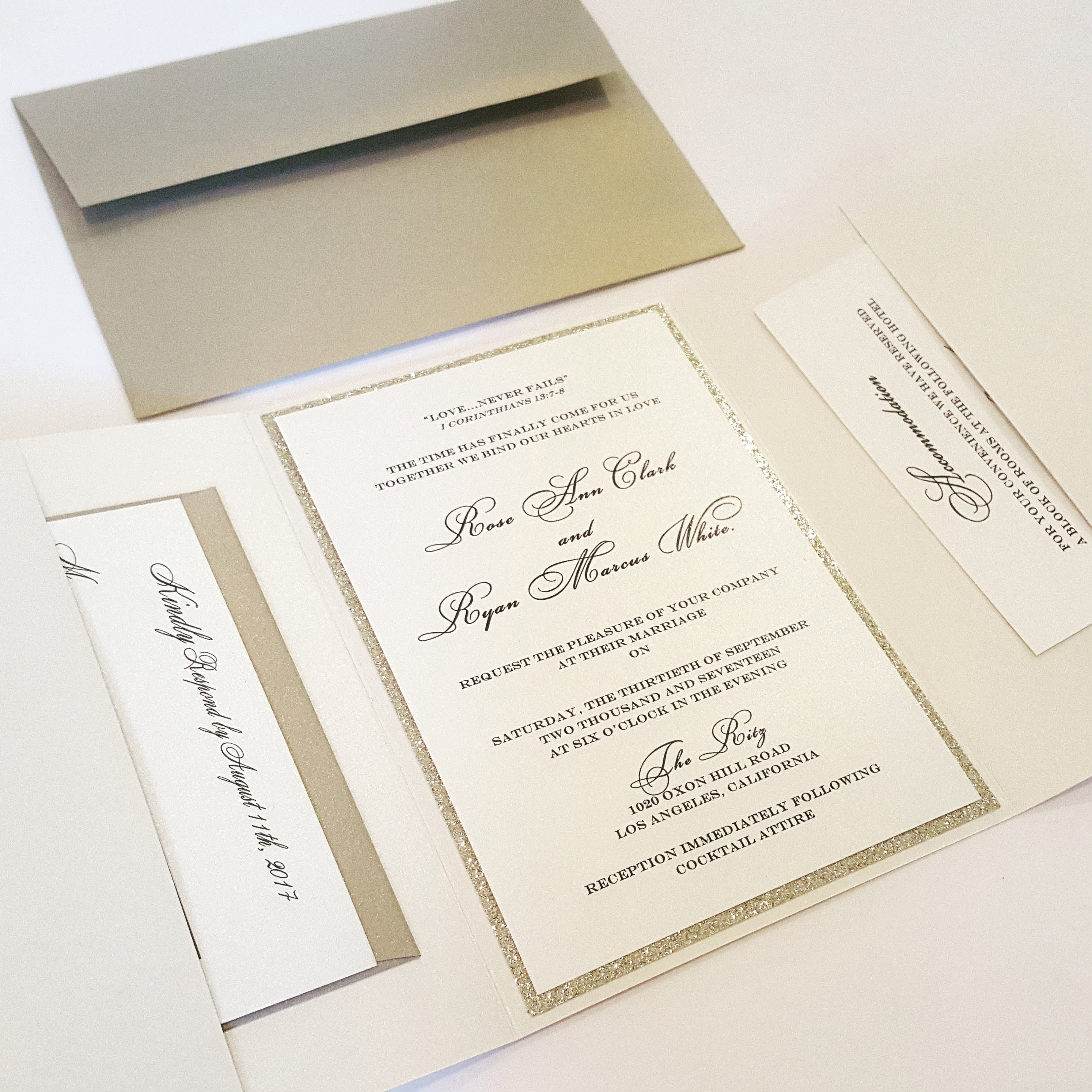 Elegant Shimmery Rose Gold Tri-fold Wedding Invitation. Includes Printed envelopes and 2 inserts