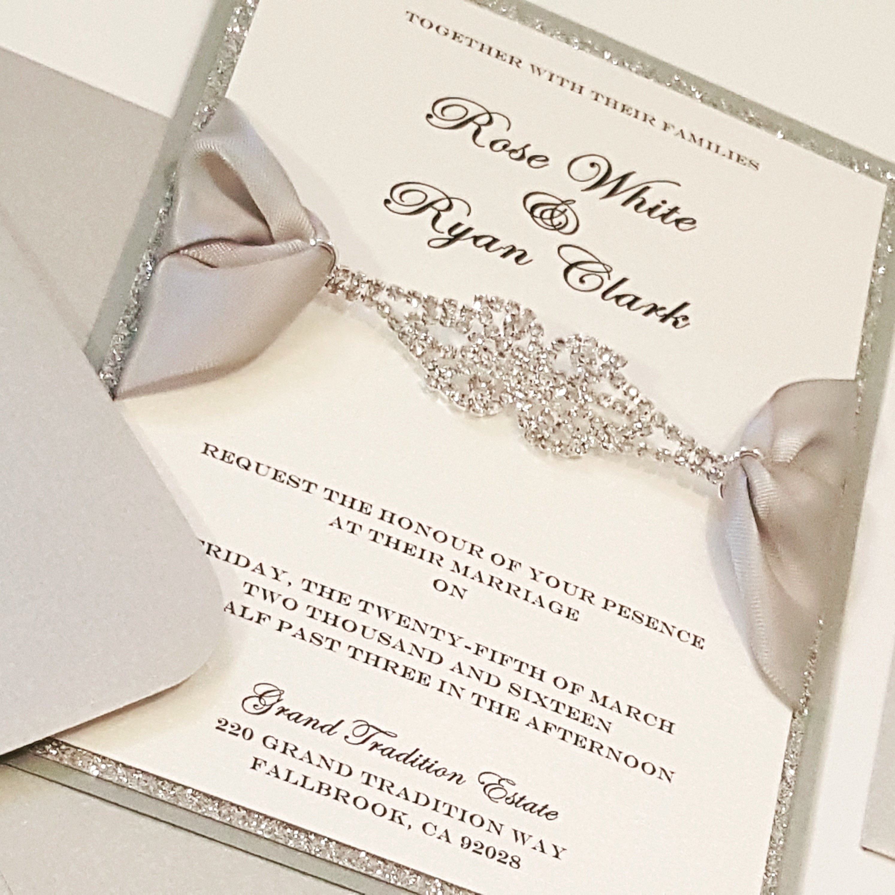 Shimmery Platinum Wedding Invitation Suite l Bilingual
