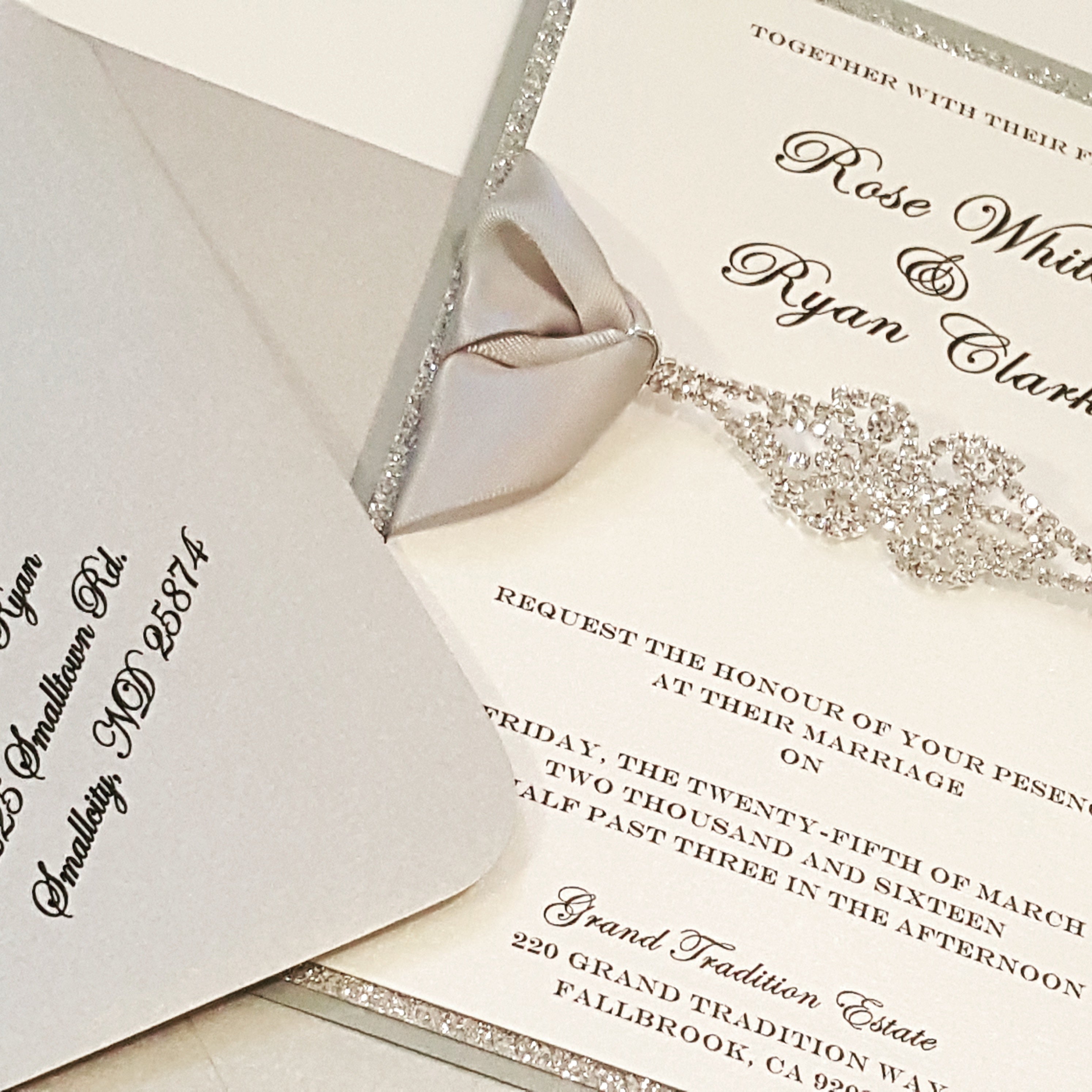 Shimmery Platinum Wedding Invitation Suite l Bilingual