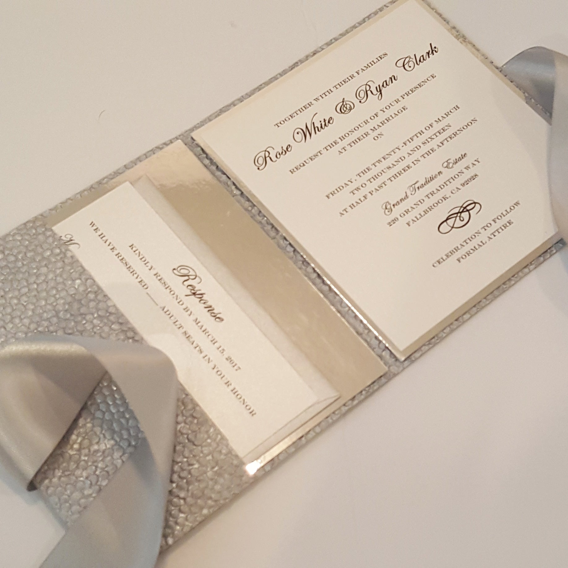 Silver Mirror Pocketfold Wedding Invitation Suite l Silver Foil l Complete Wedding Invitation Suite in Platinum.