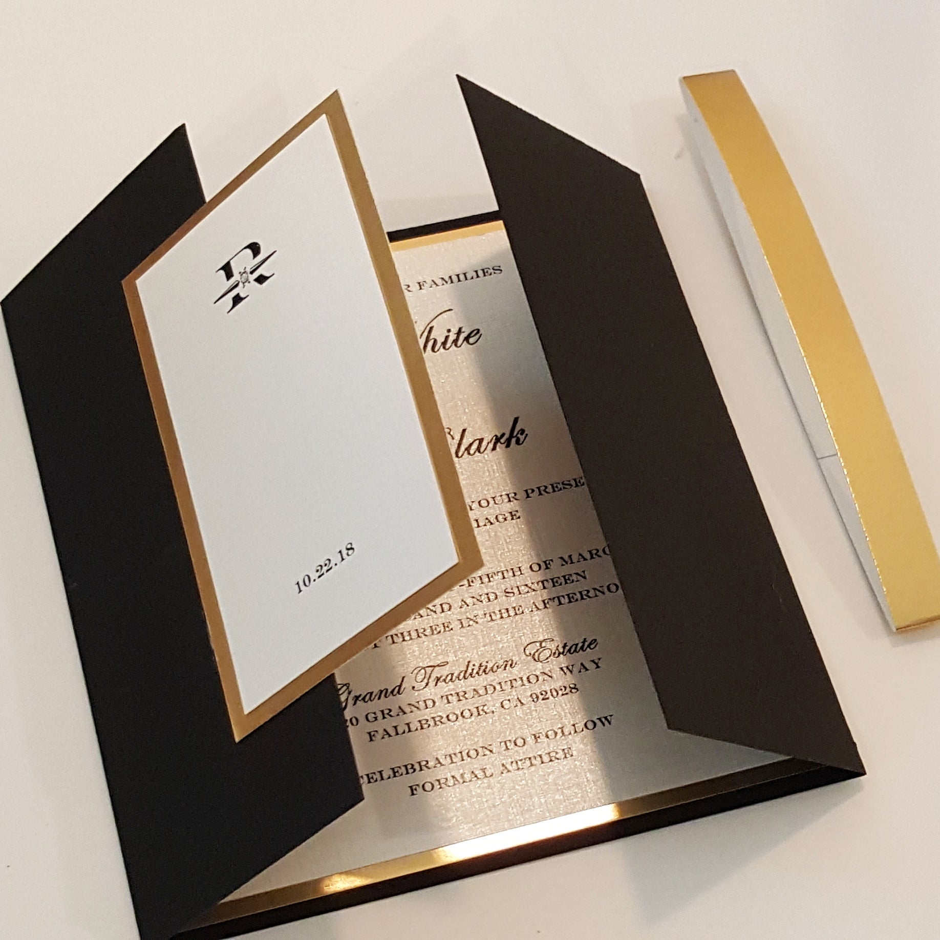 Elegant *24-k Black-Gold Gated Mirror Wedding Invitation Suite