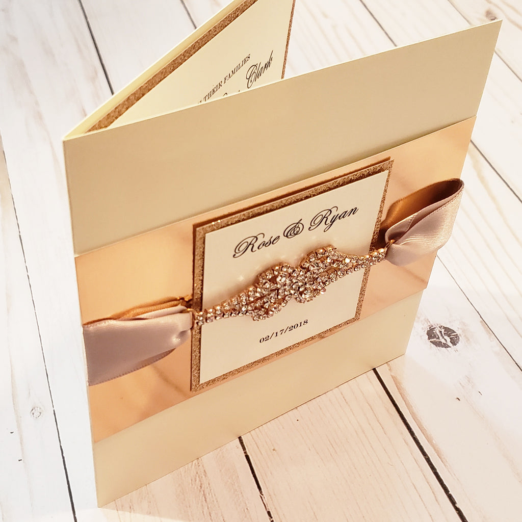 Gorgeous Designer Rose Gold Wedding Stationary Pocketfold | Rosegold Wedding Card