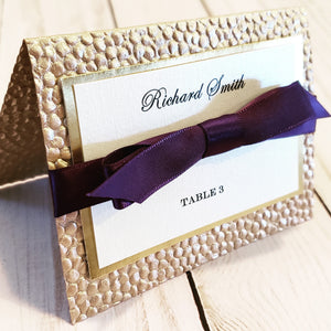 Luxury Gold Foil Eggplant Place Cards / Foil Pebbles Purple Escort Cards - Many Ribbon Colors to choose!