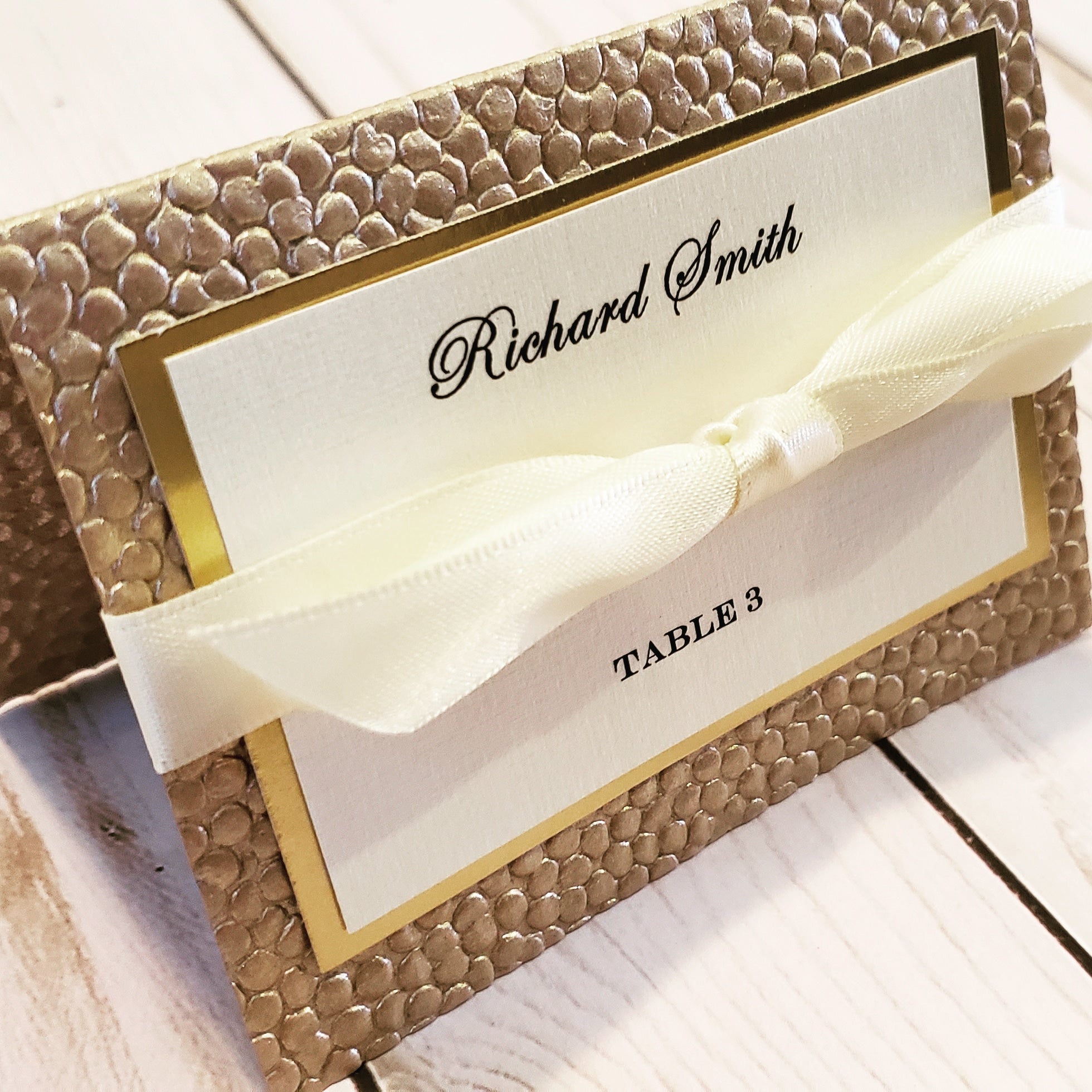 Luxury Gold Foil Champagne Ivory Place Cards / Foil Pebbles Escort Cards - Many Ribbon Colors to choose!