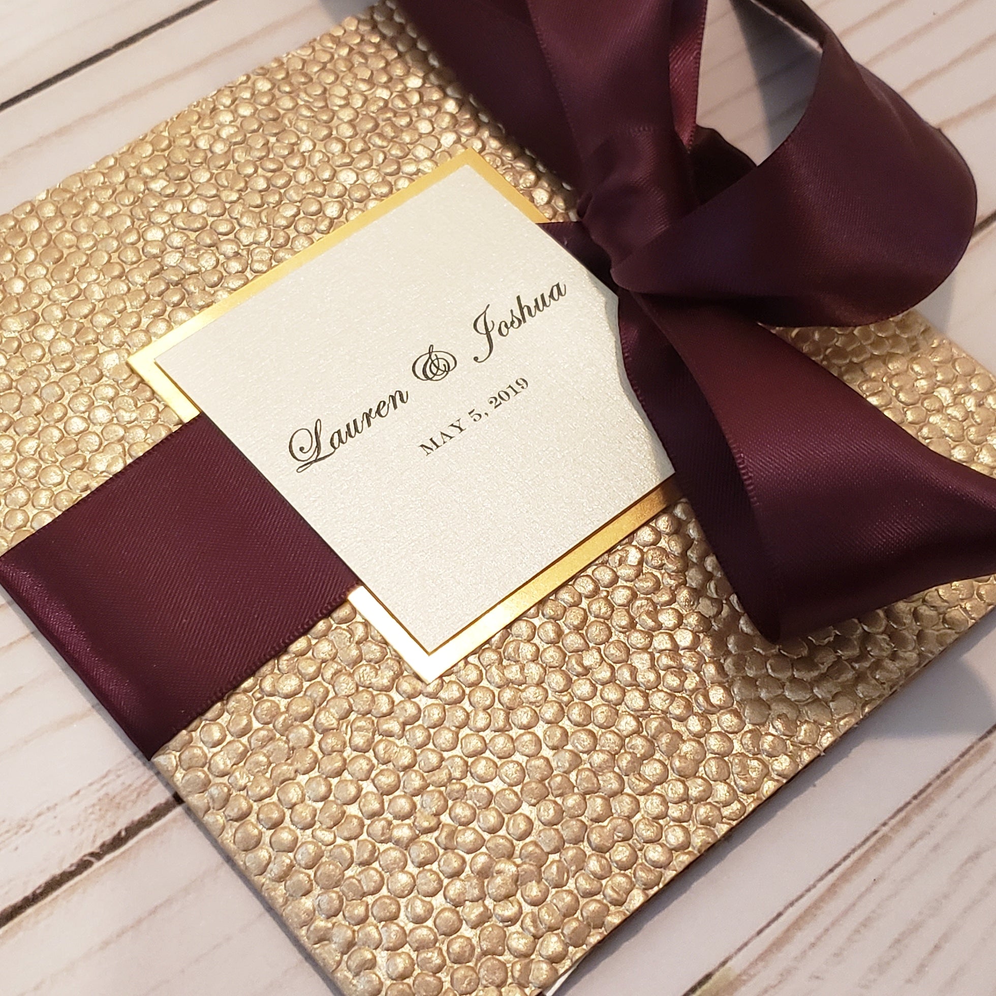 Gorgeous Champagne Gold Foil Eggplant Wedding Card | Eggplant Stationary l Wedding, Quinceañera or Corporate Custom Ribbon Color
