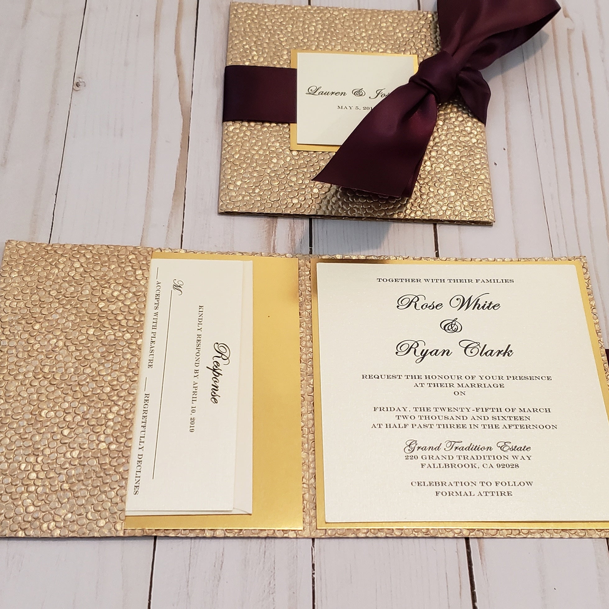 Gorgeous Champagne Gold Foil Eggplant Wedding Card | Eggplant Stationary l Wedding, Quinceañera or Corporate Custom Ribbon Color