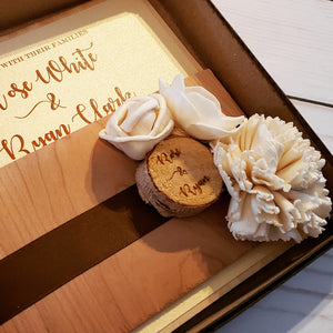 Sola Flower Real Wood Vintage Rustic Boxed Wedding Invitation with lasered sliced log- NEW and sustainable!