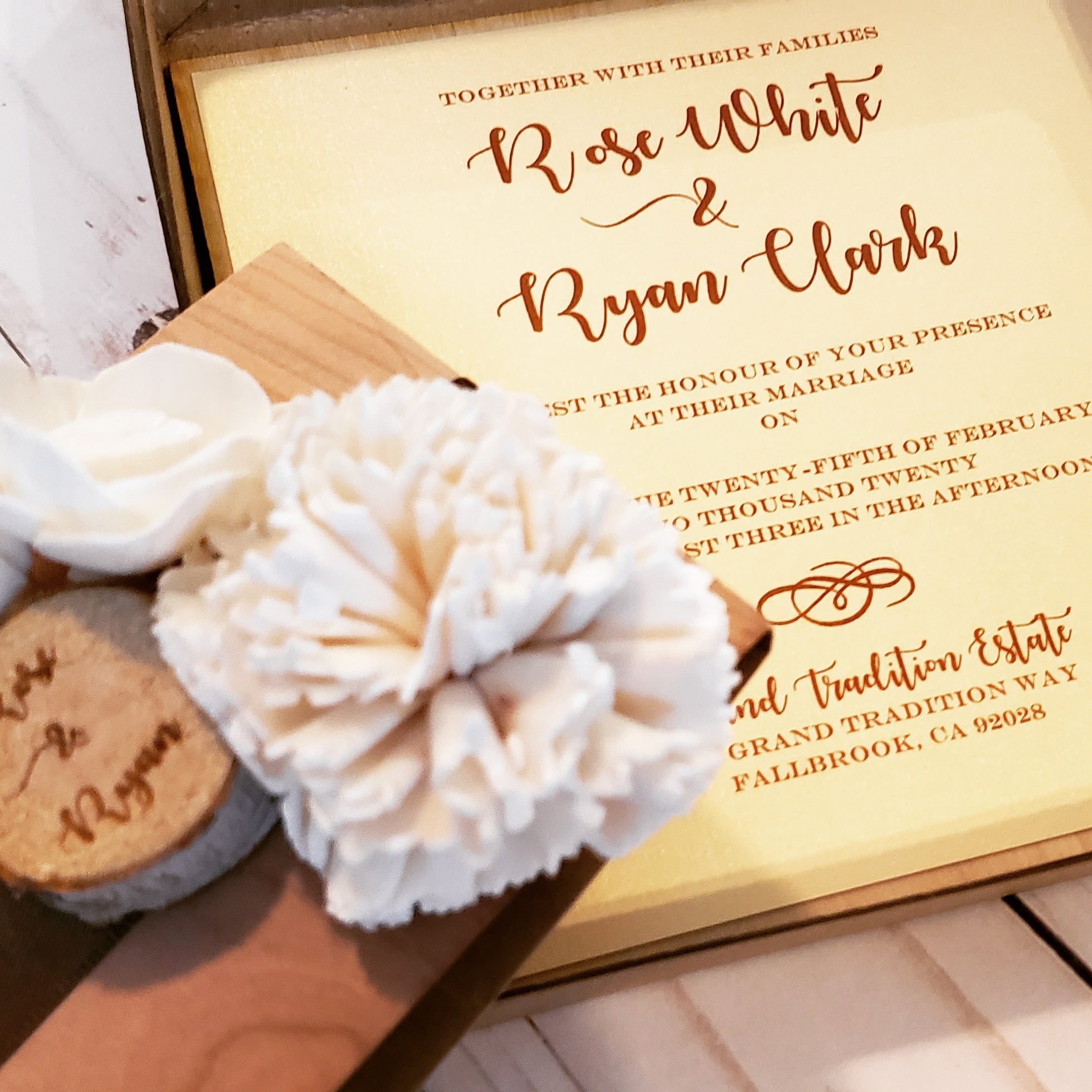 Sola Flower Real Wood Vintage Rustic Boxed Wedding Invitation with lasered sliced log- NEW and sustainable!