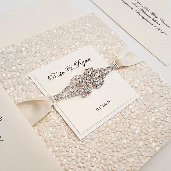 A Luxury Marriage Card with a Gorgeous Rhinestone Connector - It is a pocketfold to keep your enclosures on place. Designer Stationery shop
