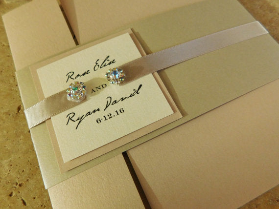 Blush Wedding Invitation Suite | Luxury monogram with two jewels | Bilingual