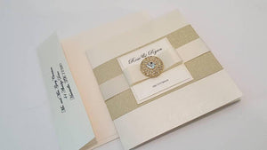 Trifold Wedding Invitation Suite with 3 inserts and printed envelopes. High end Gold Trifold Wedding Pocketfold Card. Ivory/Gold