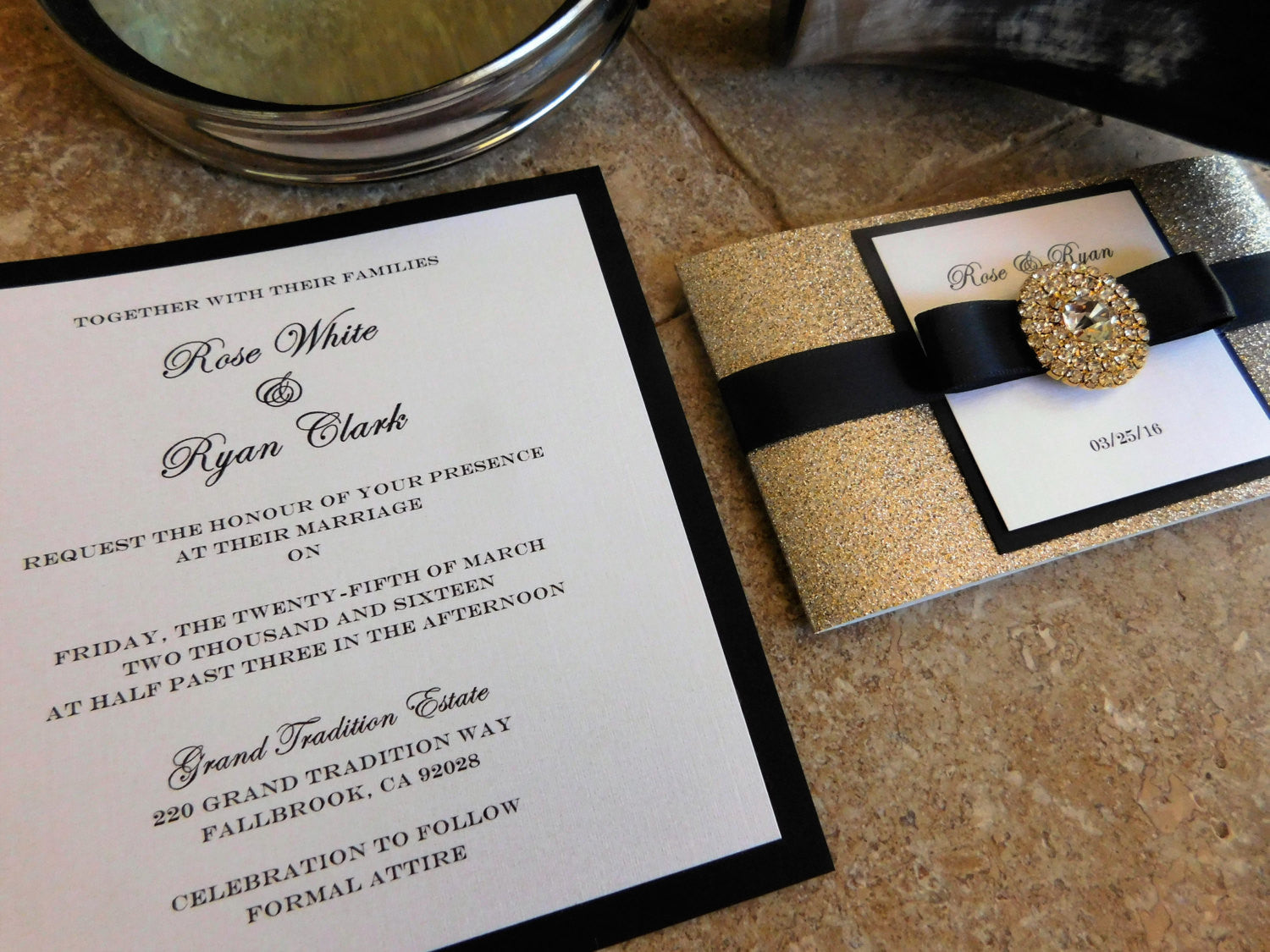 Embellished Black and Gold Wedding Invitation Suite. 1920 theme