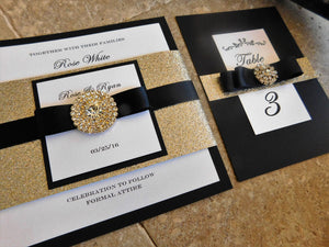 Embellished Black and Gold Wedding Invitation Suite. 1920 theme