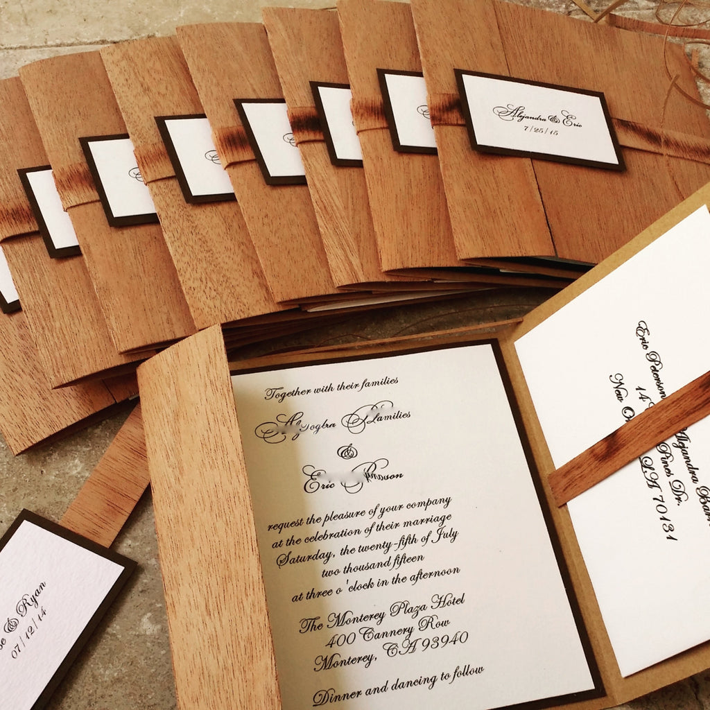 Wooden Pocket-fold Rustic Vineyard Wedding Invitation / Bilingual Wedding Invites