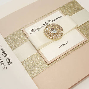 Blush Gold Complete Trifold Wedding Invitation Suite with 3 inserts and printed envelopes. High end Blush Gold Trifold Wedding Pocketfold Card
