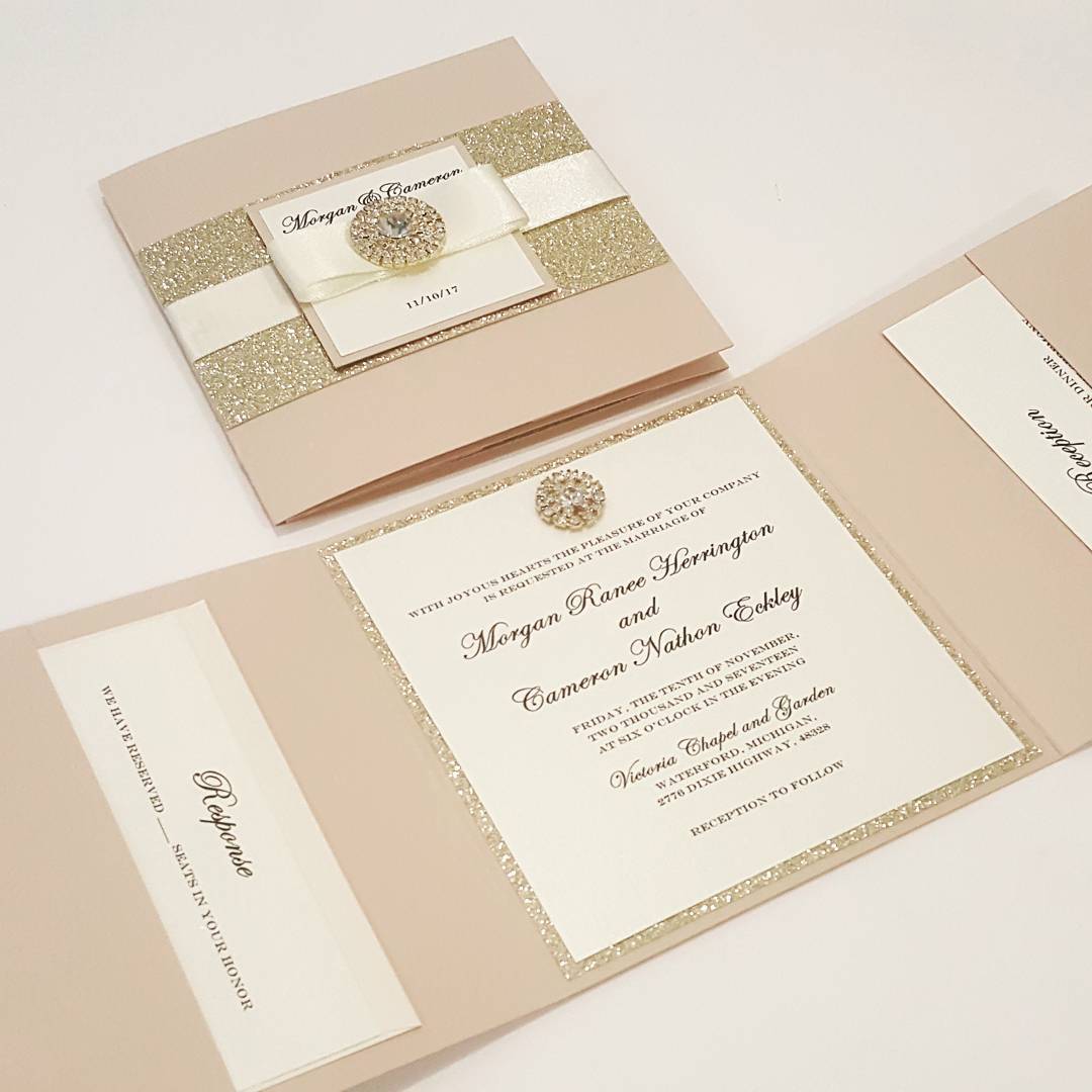 Blush Gold Complete Trifold Wedding Invitation Suite with 3 inserts and printed envelopes. High end Blush Gold Trifold Wedding Pocketfold Card
