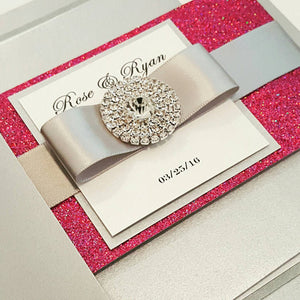 Fuchsia Glamorous Bling Jewel Wedding Invitation. Lovely Monogram. Stunning Sparkling Pink invite, Bilingual