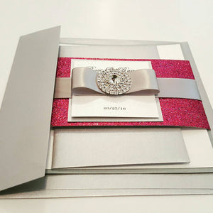 Fuchsia Glamorous Bling Jewel Wedding Invitation. Lovely Monogram. Stunning Sparkling Pink invite, Bilingual