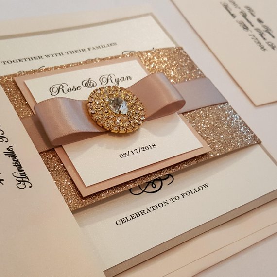 Glamorous Rose Gold Bling Jewel Wedding Invitation