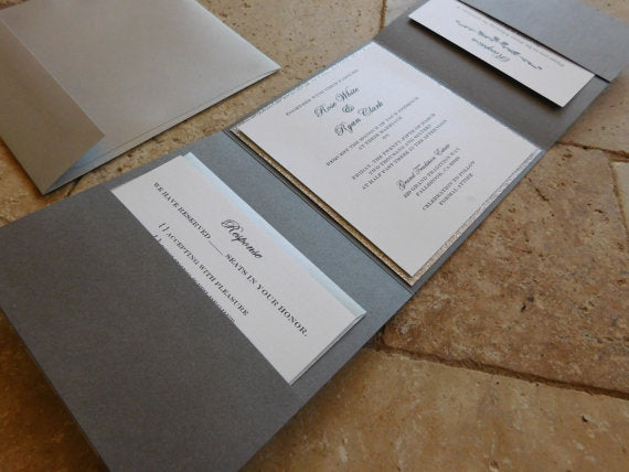 Ionized Trifold Glitter Wedding Invitation Suite with 3 inserts and printed envelopes